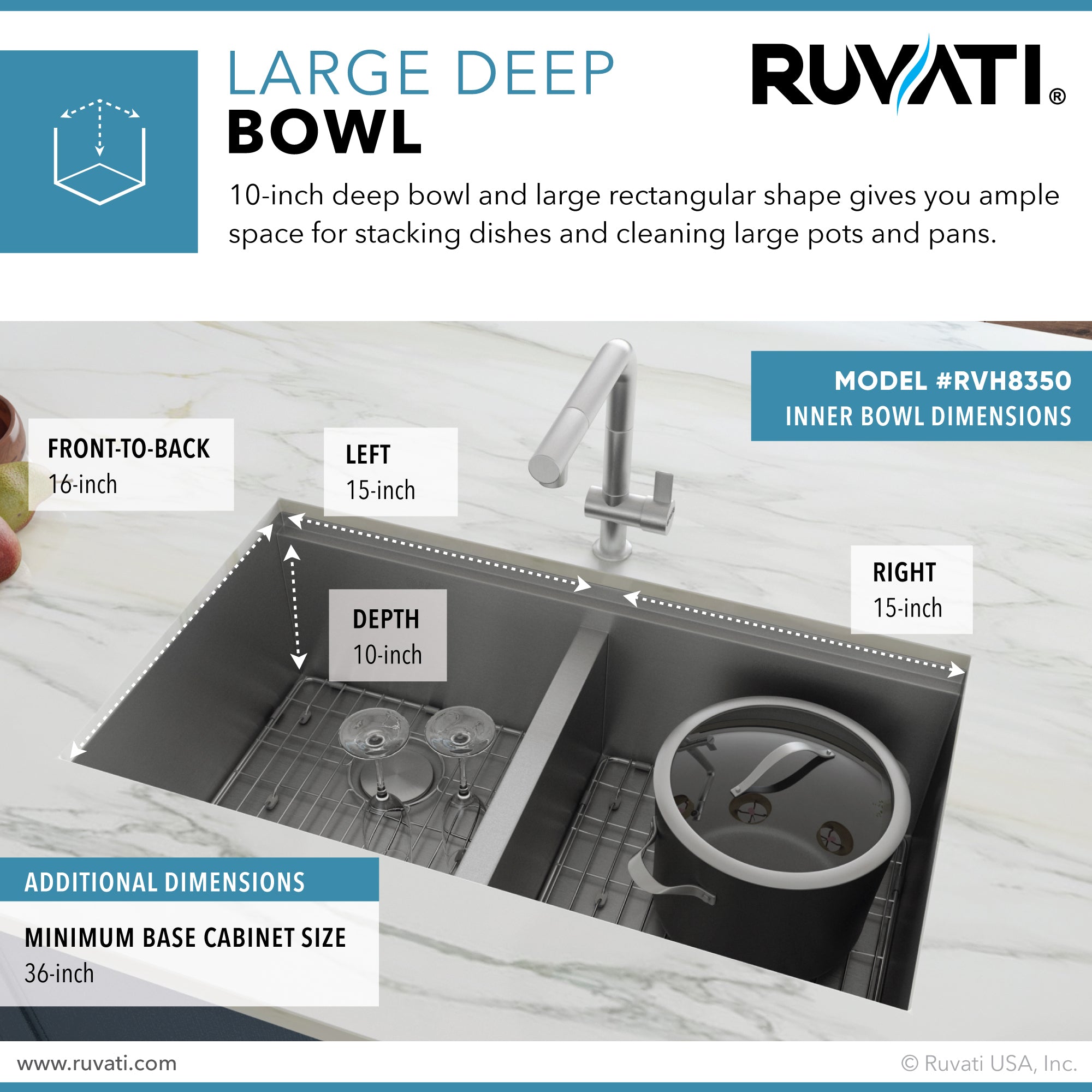 Ruvati Workstation Ledge 50/50 Double Bowl Undermount 16 Gauge Stainless Steel Kitchen Sink