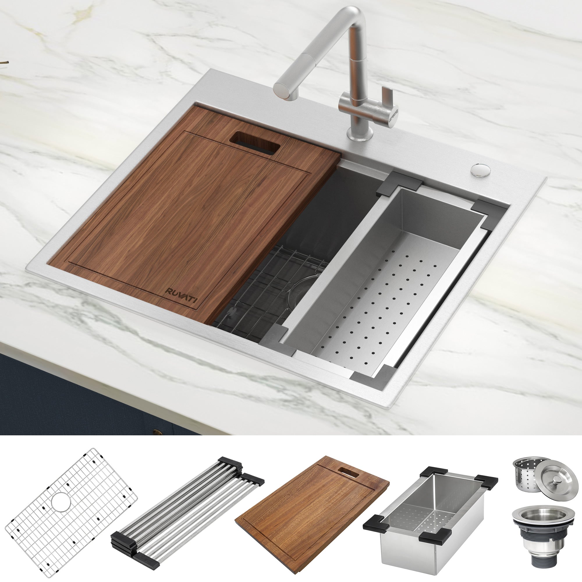 Top Mount 25x22 Ruvati Workstation Kitchen Sink With Accessories