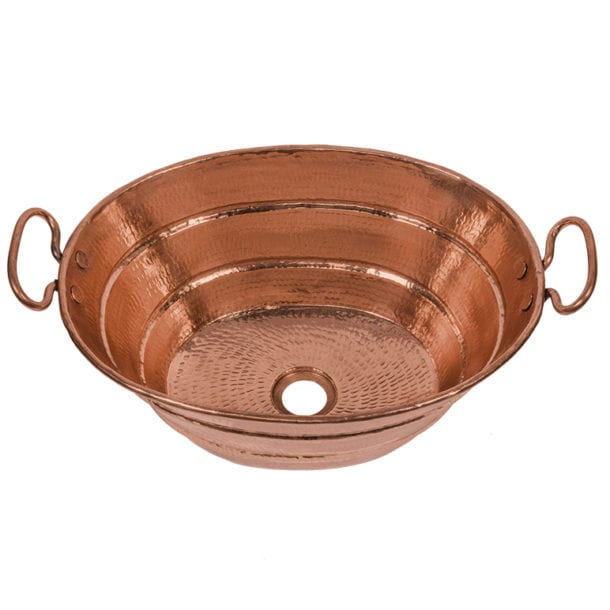 Premier Copper Products Oval Bucket Vessel Hammered Copper Sink with Handles