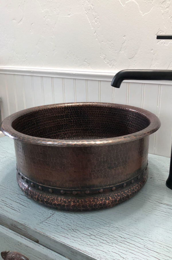 Premier Copper Products 15" Round Vessel Tub Hammered Copper Sink