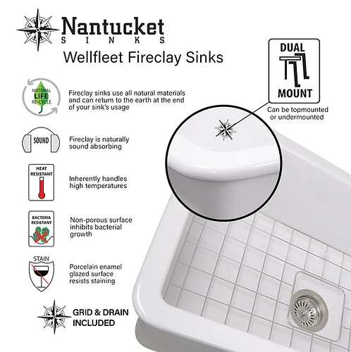 White 27" Fireclay Kitchen Sink. Dual Mount. Undermount and Topmount, Drop-In. Nantucket Sinks Wellfleet-2719W Sink.