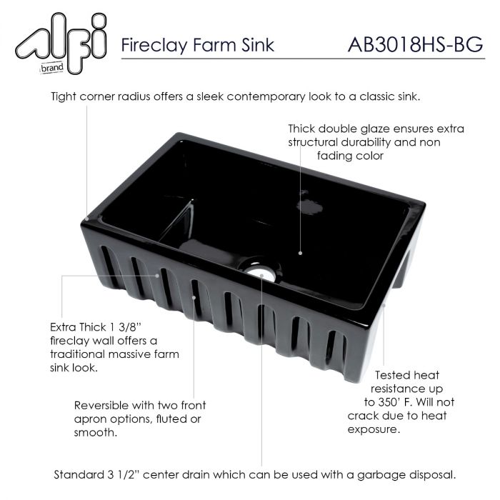 ALFI Brand Black Gloss Reversible Smooth/Fluted Single Bowl Fireclay Farm Sink