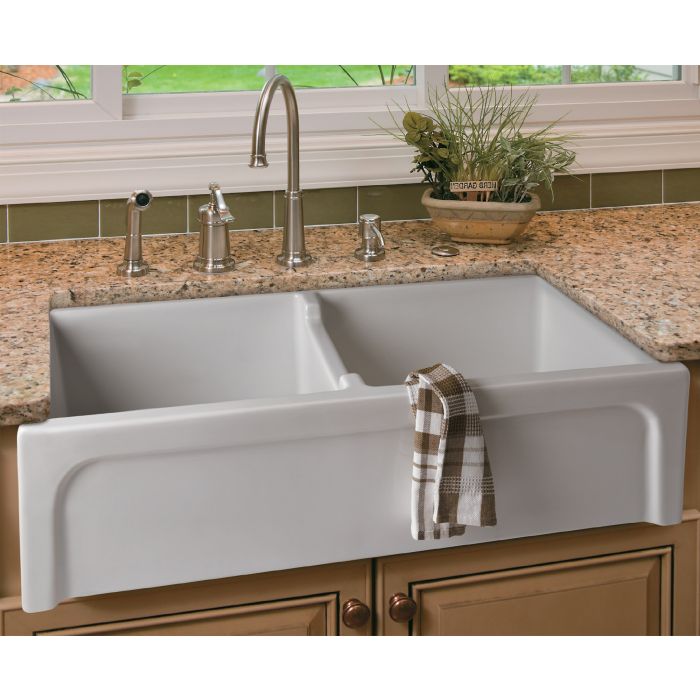 AB3918ARCH-W 39" White Arched Apron Thick Wall Fireclay Double Bowl Farm Sink