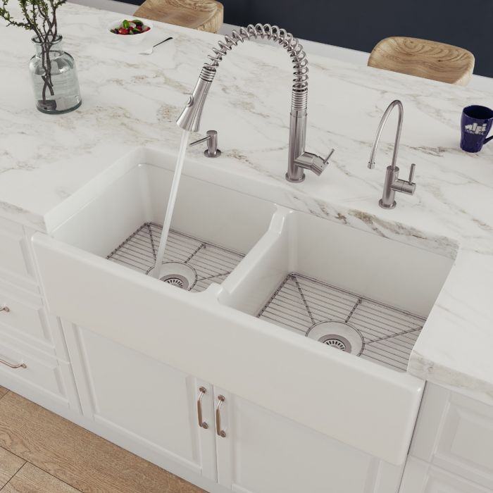 AB3918-W 39" White Smooth Thick Wall Fireclay Double Bowl Farm Sink