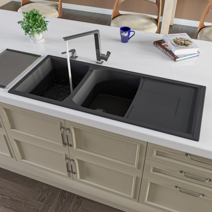 ALFI brand AB4620DI 46" Double Bowl Granite Composite Kitchen Sink with Drainboard