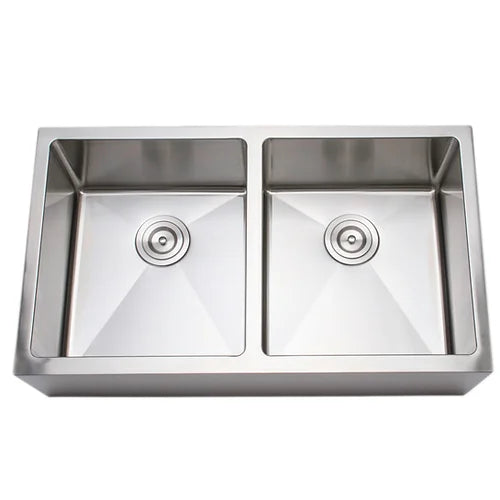 Wells Sinkware Handcrafted 33" 16-Gauge Apron Front Farmhouse 50-50 Double Bowl Stainless Steel Kitchen Sink