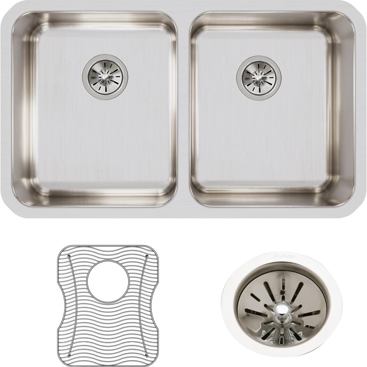 Elkay Lustertone Classic Stainless Steel, 30-3/4" x 18-1/2" x 7-7/8", Equal Double Bowl Undermount Sink Kit-DirectSinks