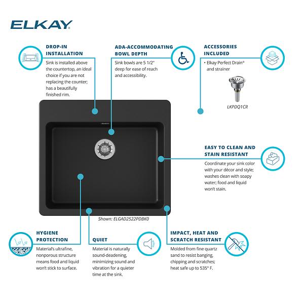Elkay Quartz Classic 25" x 22" x 5-1/2", Drop-in ADA Sink with Perfect Drain
