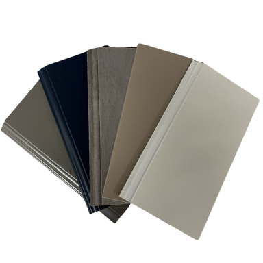 Fabuwood Sample Color Block Group Photo showing Stone, Indigo, Horizon, Oyster and White Finishes fanned out