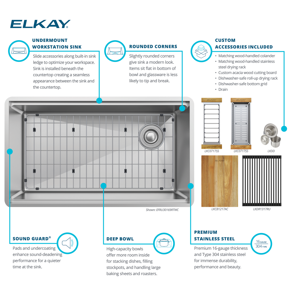 Elkay Crosstown 31.5" 16 Gauge Stainless Steel Undermount Workstation Kitchen Sink