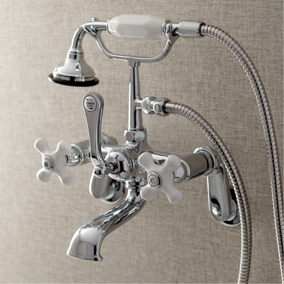 Kingston Brass Aqua Vintage 2-Hole Wall Mount Clawfoot Tub Faucet with Hand Shower