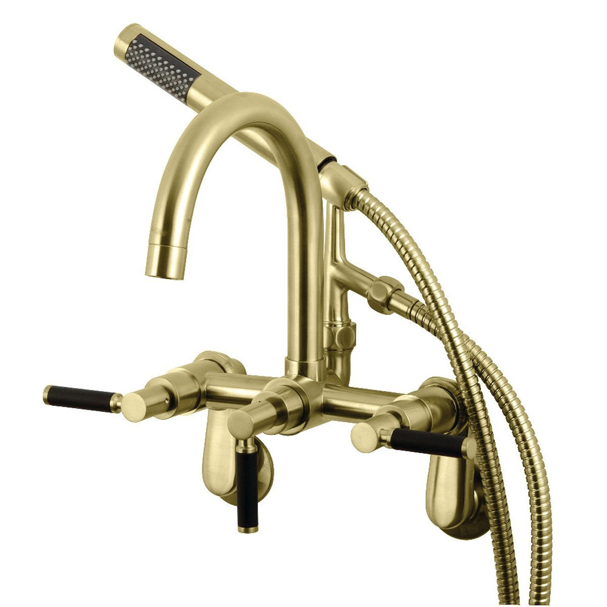 Kingston Brass Aqua Vintage AE8157DKL Kaiser 3-Handle 7-Inch Adjustable Wall Mount Clawfoot Tub Faucet with Hand Shower in Brushed Brass