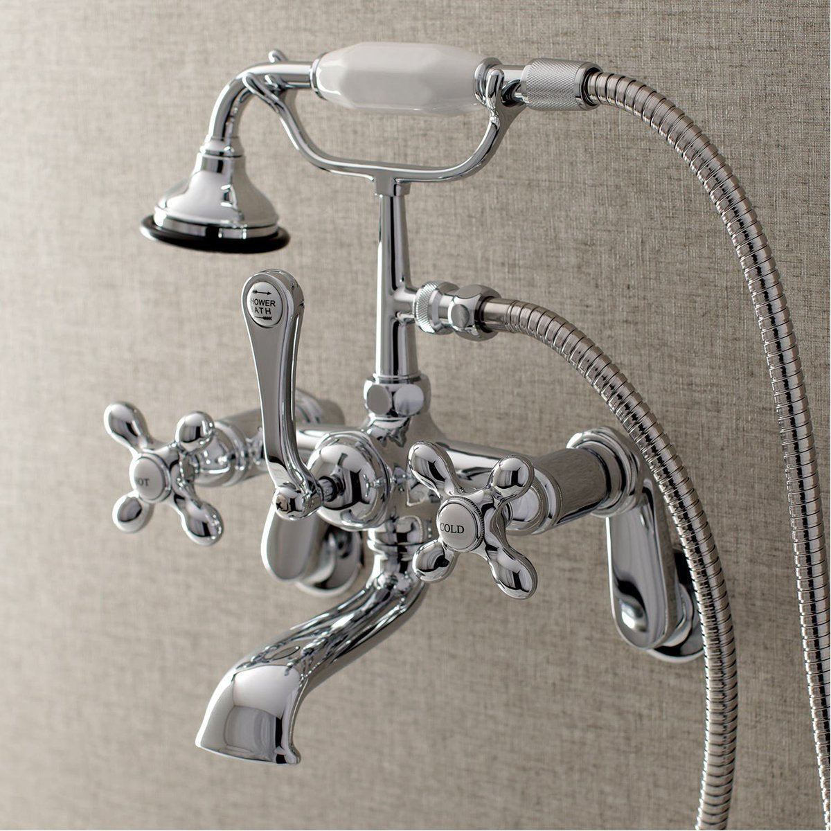 Kingston Brass Aqua Vintage Wall Mount 2-Hole Clawfoot Tub Faucet with Hand Shower