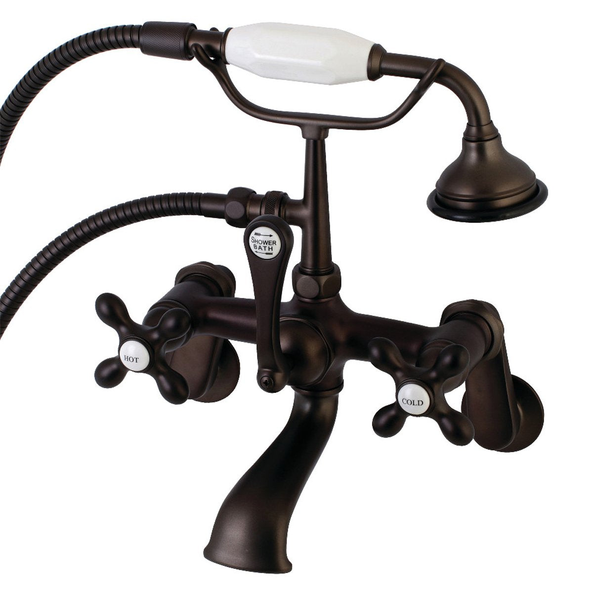 Kingston Brass Aqua Vintage Wall Mount 2-Hole Clawfoot Tub Faucet with Hand Shower