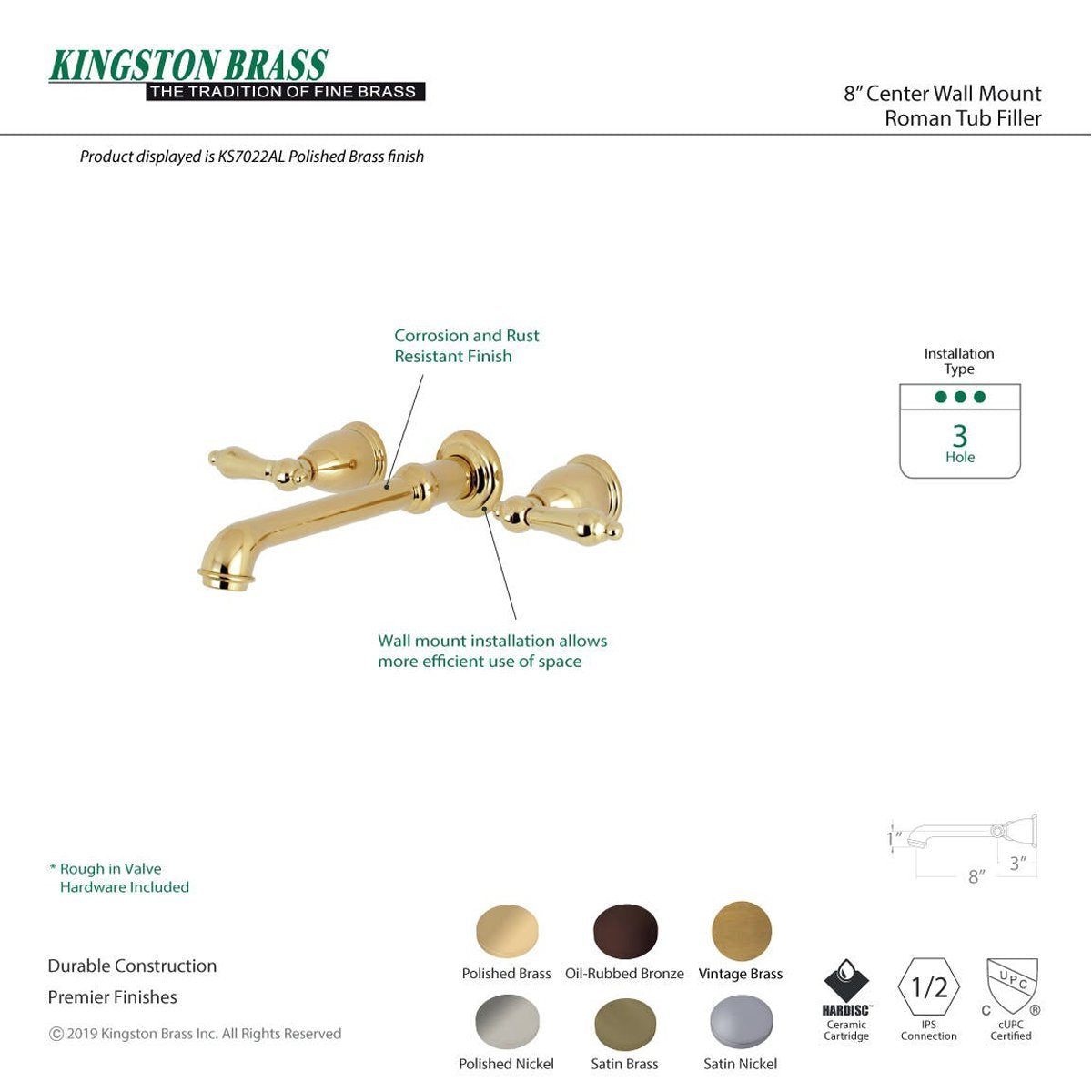 Kingston Brass English Country 8-Inch Center Wall Mount Roman Tub Filler