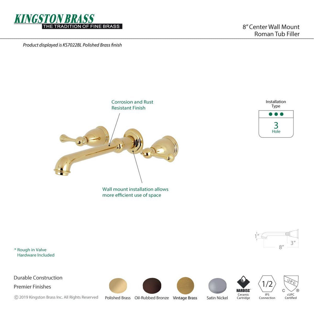 Kingston Brass English Country Wall Mount 8-Inch Center Roman Tub Filler