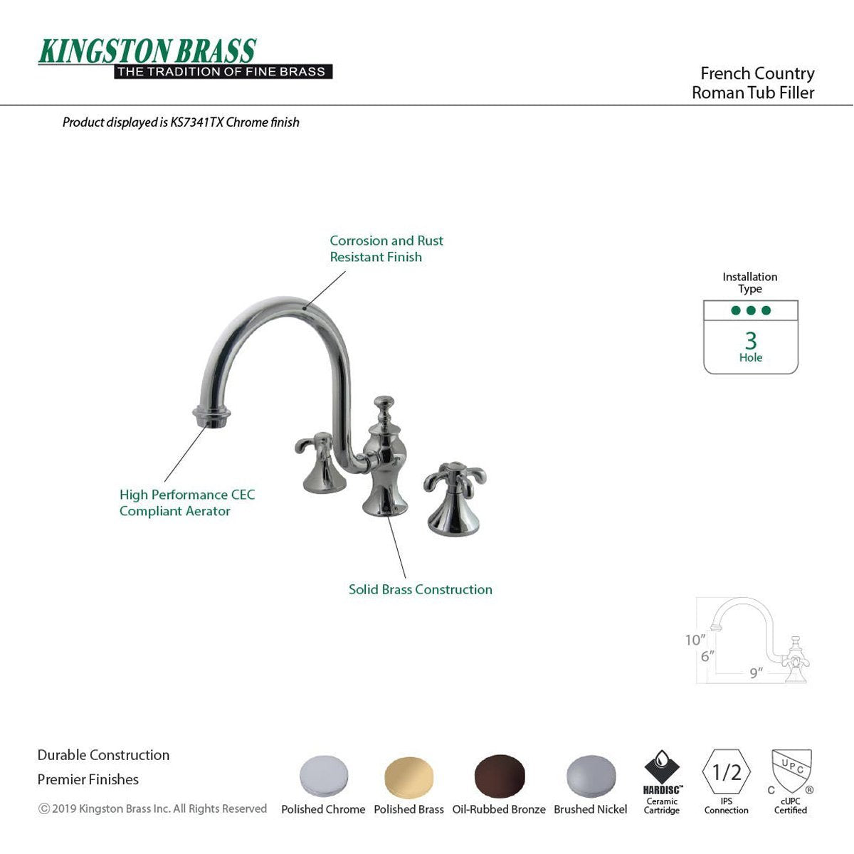 Kingston Brass French Country Roman Tub Filler with High Rise Spout