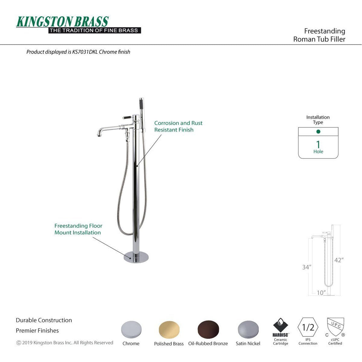 Kingston Brass Kaiser Single Handle Freestanding Tub Faucet with Hand Shower