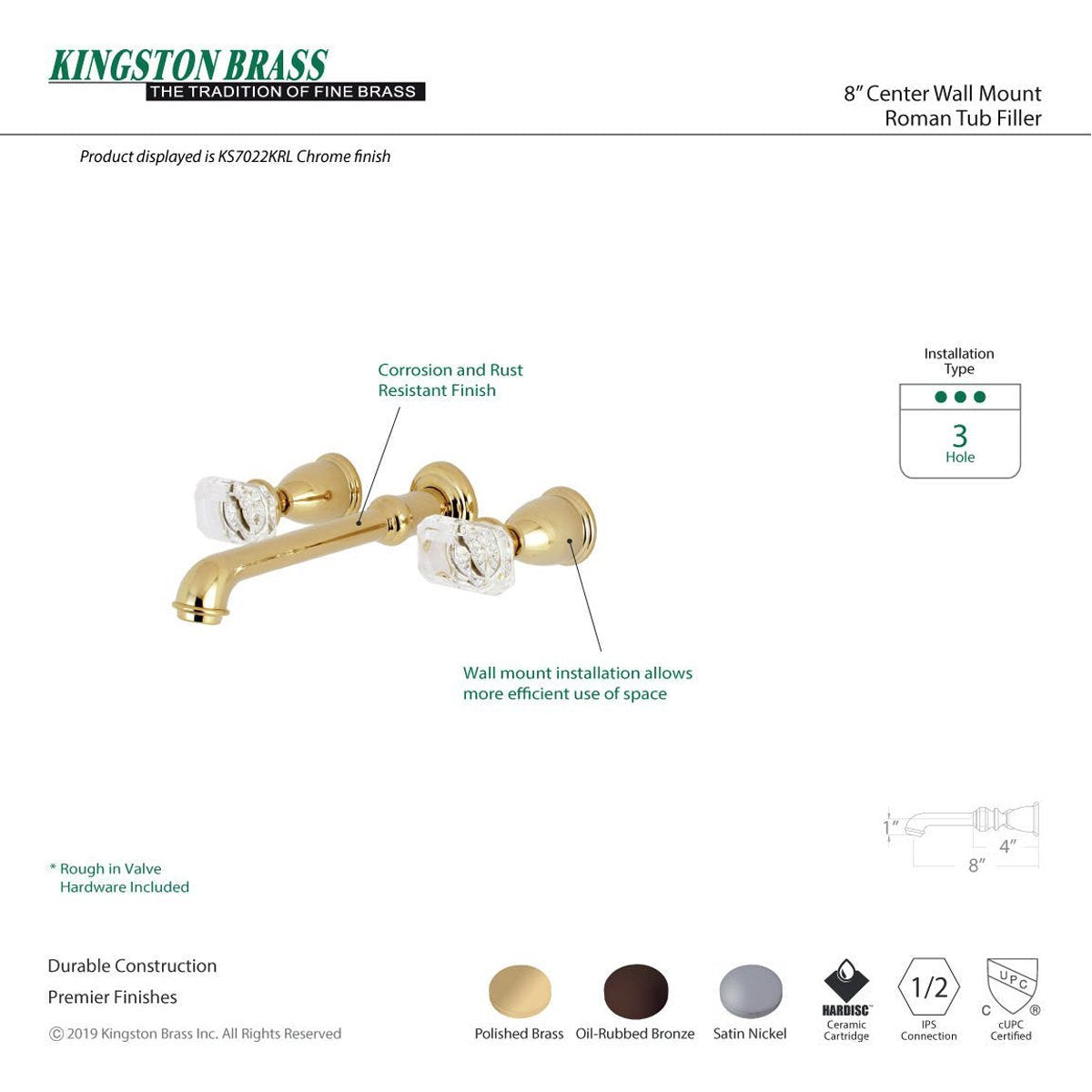 Kingston Brass Krystal Onyx 2-Handle Wall Mount Roman Tub Faucet