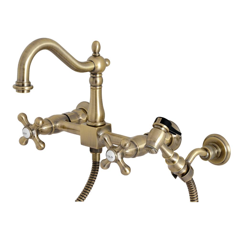 Kingston Brass Heritage 8" Centerset Wall Mount Kitchen Faucet with Brass Sprayer