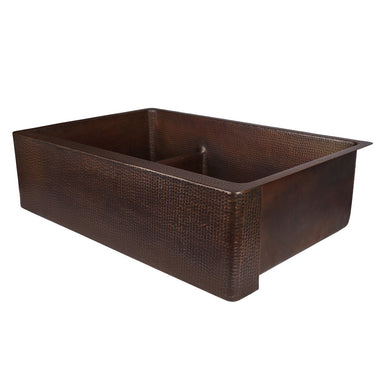 Premier Copper Products 33" Hammered Copper Kitchen Apron Double Basin Sink with Short 5" Divider-DirectSinks