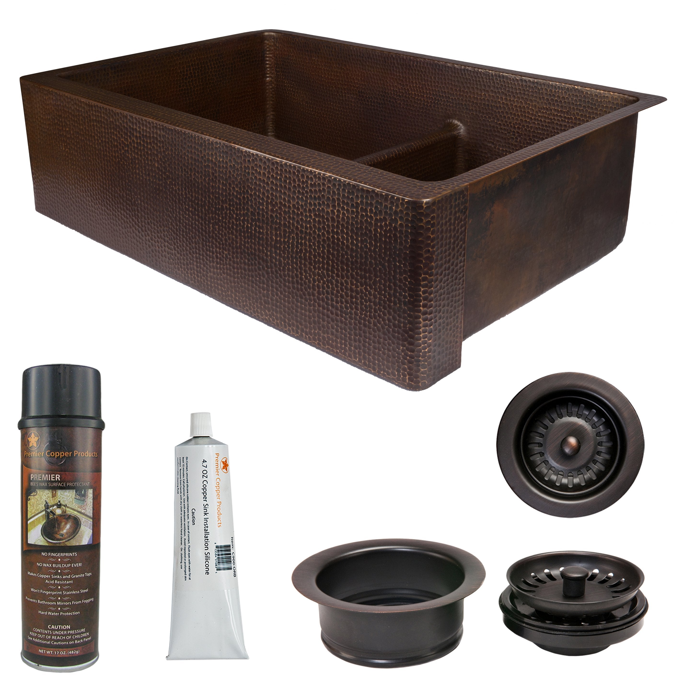 Premier Copper Products - KSP3_KA60DB33229-SD5 Kitchen Sink and Drain Package-DirectSinks