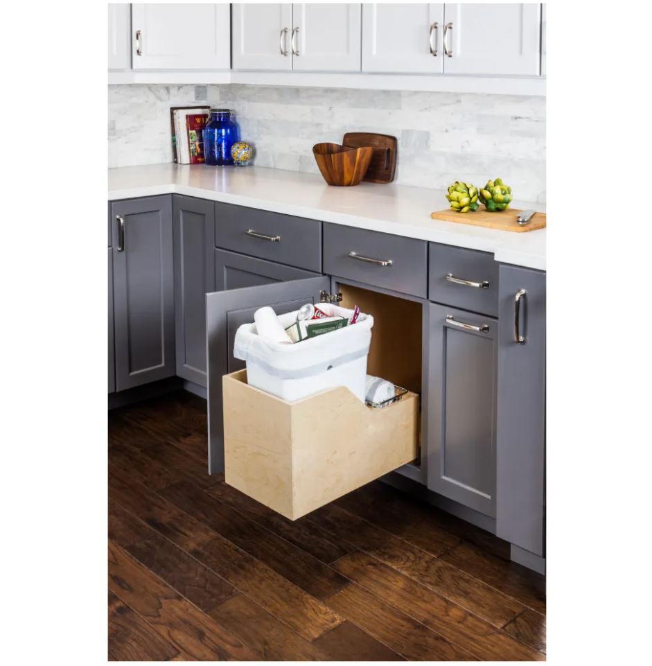 Single 35 Quart Wood Bottom-Mount Soft-close Trashcan Rollout for Hinged Doors, Includes One White Can