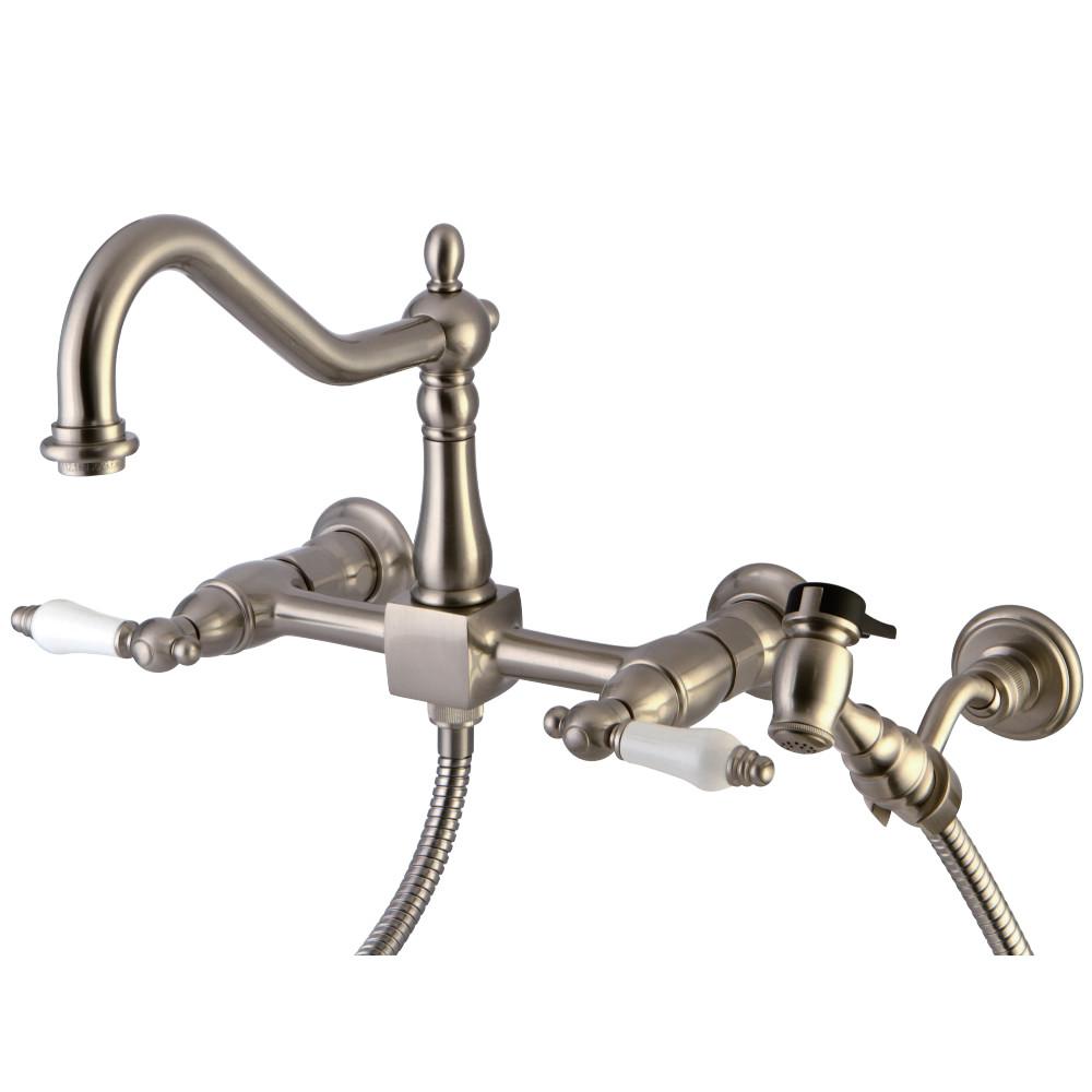 Kingston Brass Heritage 3-Hole 8-Inch Wall Mount Kitchen Faucet with Brass Sprayer